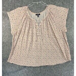 Chaps Peasant Floral Blouse 3X Pink Short Sleeve Scoop Neck Drawstring